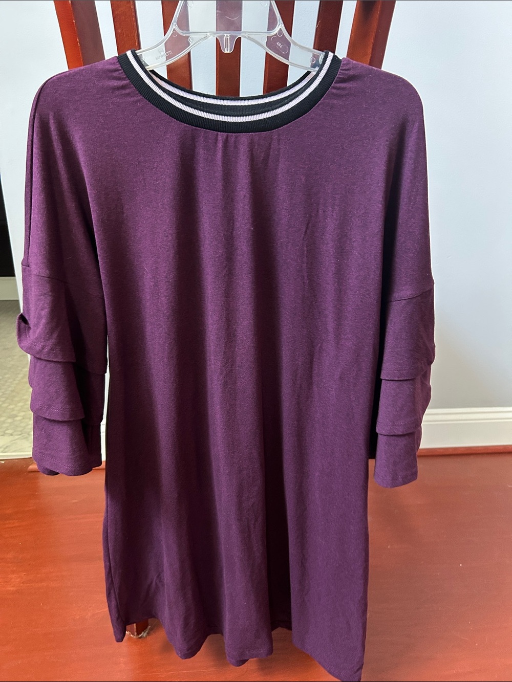 Alya Deep Plum Layered-Sleeve Knit Dress with Striped Neck